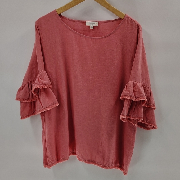 Umgee + Pink Cotton Top Size XL Ruffle Short Sleeve Frayed Hem Throughout - Picture 1 of 8